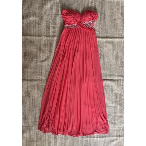 Jodi Kristopher Women Strapless Pleated Gown Coral pink Beaded Empire Waist Prom - Picture 1 of 8